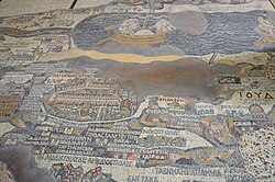 Byzantine Madaba Map showing the Jordan River and the Dead Sea. Dating to the 6th century AD, it is the oldest surviving depiction of the Holy Land.