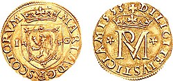 Gold coin (22 Shillings) of 1553: obverse, coat of arms of Scotland; reverse, royal monogram