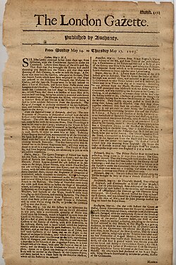 The London Gazette, dated 14–17 May 1705 detailing the return of John Leake from Gibraltar after the Battle of Cabrita Point