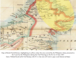 Map of the British North Borneo with the yellow area covered the Philippine claim to eastern Sabah, presented by the Philippine Government to ICJ on 25 June 2001[159]