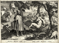 Amerigo Vespucci wakes up "America" in Americae Retectio, engraving by the Flemish artist Jan Galle (circa 1615).