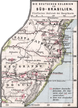 Areas of German settlement in Southern Brazil (pink), in 1905