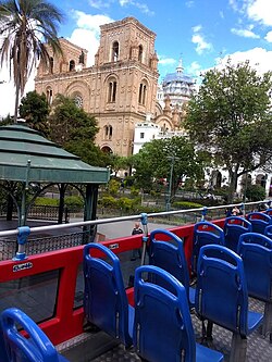 Street view from top deck, 2nd floor view. double decker bus in Cuenca, Ecuador