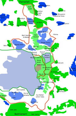 Map of East Jerusalem. The Arab areas are coloured green, while the Jewish areas are blue.