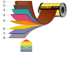 Layers of 35 mm color film: Film baseSubbing layerRed light sensitive layerGreen light sensitive layerYellow filterBlue light sensitive layerUV FilterProtective layerVisible light exposing film