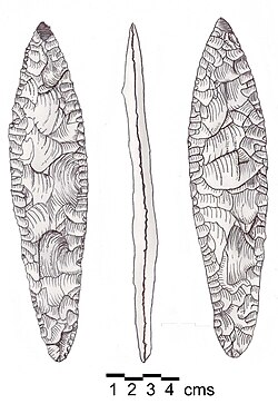 Canaanean Blade. Suggested to be part of a javelin. Fresh grey flint, both sides showing pressure flaking. Somewhat narrower at the base suggesting a haft. Polished at the extreme point. Found on land of the Lebanese Evangelical School for Girls in the Patriarchate area of Beirut, Lebanon.