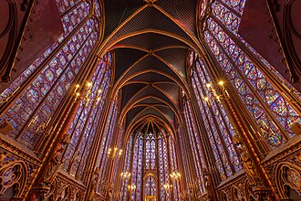 An interior view of the Sainte-Chapelle on the Île de la Cité in Paris, France, completed in 1248. During the Middle Ages, many buildings in the Gothic architecture-style were erected as places of worship for the Catholic Church.