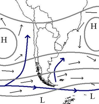 Weather maps showing the usual position of weather systems around the southern part of South America.