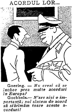 Anti-Nazi cartoon in Viața Românească, February 1934: Joseph Goebbels and Hermann Göring joking about the European alliances