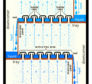 Section of an industrial distillation tower showing detail of trays with bubble caps