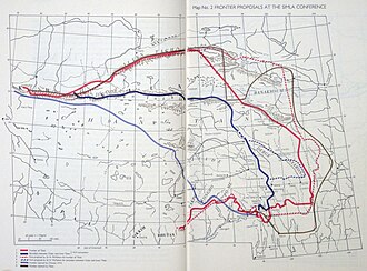Map 1: Frontier claims: The light blue line in the west and the dark brown line in the east were the Chinese and Tibetan claims respectively. The Red Line (boundary of Tibet) and Blue Line (boundary of Outer Tibet) were initialled in the Simla Conference. The dashed lines were McMahon's initial proposals. (Hugh Richardson, 1945)