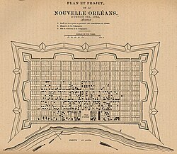 French diagram of New Orleans grid (1763), centered at Place d'Armes (Jackson Square) along the Fleuve St. Louis (Mississippi River).