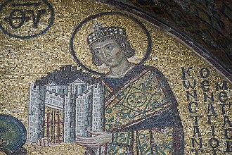Emperor Constantine presents a representation of the city of Constantinople as tribute to an enthroned Mary and baby Jesus in this church mosaic (Hagia Sophia, c. 1000).