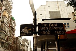 Perón Street in midtown Buenos Aires, one of numerous streets and avenues named in his honor when democracy returned to Argentina in 1983. It refers to him as General and not President.