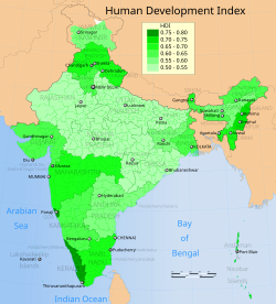 Human Development Index map for Indian states in 2006, as calculated by Government of India and United Nations Development Programme.[320]