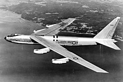 Side view of YB-52 bomber, still fitted with a tandem cockpit, in common with other jet bombers in US service, such as the B-45 Tornado, B-47 Stratojet and Martin B-57 Canberra