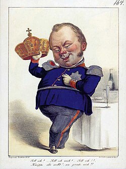 Cariacature of Frederick William IV, satirizing his rejection of the imperial crown offered by the Frankfurt National Assembly; he privately likened the crown to "a dog collar, binding [him] to the revolution of '48'".[156]