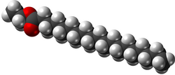 Space-filling model of ethyl stearate, or stearic acid ethyl ester, an ethyl ester produced from soybean or canola oil and ethanol