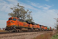 BNSF ES44DC 7402 leads a train of Boeing 737 fuselages at Greenwood, Nebraska, in October 2014
