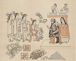 The panel dedicated to the Tenochtitlan campaign, as depicted in the 1552 Canvas of Tlaxcala. Hernando Cortés and Malintzin (right) meet Moctezuma II in Mexico-Tenochtitlan, 8 November 1519.