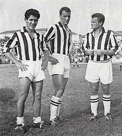 The "Magical Trio" (Trio Magico) of Omar Sívori, John Charles, and Giampiero Boniperti in 1957