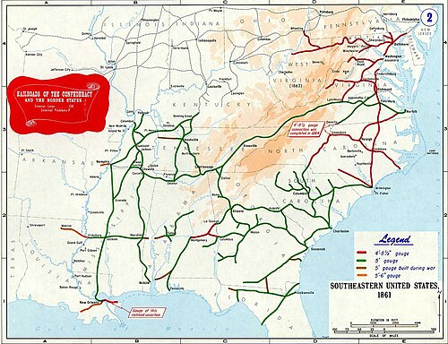 Main railroads of Confederacy, 1861; colors show the different gauges (track width); the top railroad shown in the upper right is the Baltimore and Ohio, which was at all times a Union railroad