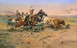 While the West is defined by many occupations, the American cowboy is often used as an icon of the region, here portrayed by C. M. Russell.