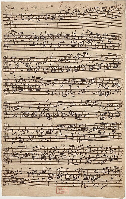 Page from the autograph score of Fugue No. 17 in A♭ major from J. S. Bach's The Well-Tempered Clavier