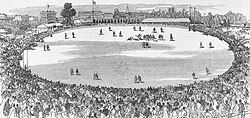 Engraving of the first intercolonial football match between Victoria and South Australia, East Melbourne Cricket Ground, 1879