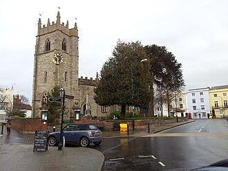 St Nicholas’s Church, with its unusual corner clock