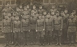 Major General Robert Lee Bullard (center, facing towards his right, photo's left), the newly appointed commander of the 1st Division, and members of his divisional staff at Gondrecourt, France, 17 January 1918. To Bullard's right is Lieutenant Colonel George C. Marshall, the 1st Division's assistant chief of staff for operations.