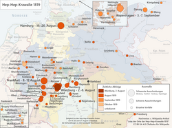 Map of the Hep-Hep riots in 1819 (German)