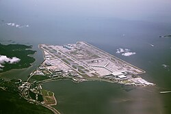 Aerial view of Hong Kong International Airport before the completion of the 3 runway system.