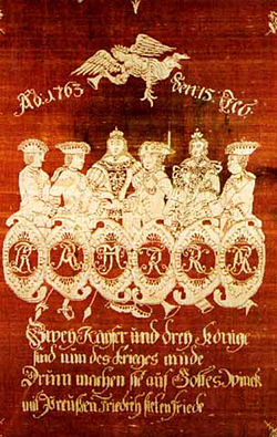 Allegory of the Treaty of Hubertusburg. The text reads: Zwey Kayser und drey Könige sind nun des Krieges müde, Drum machen sie auf Gottes Winck mit Preußen Friedrich bieten friede. (Two emperors and three kings are now tired of the war, So at God's will to Prussia and Frederick they offer peace)