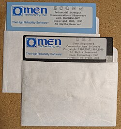 Diskette images for Omen Technology's ZComm and DSZ products (circa 1989–1990)