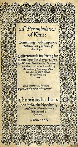 Title page of William Lambarde's Perambulation of Kent (completed in 1570 and published in 1576), a historical description of Kent and the first published county history