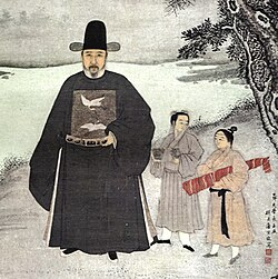 A portrait of Jiang Shunfu, an official under the Hongzhi Emperor, now in the Nanjing Museum. The decoration of two cranes on his chest is a "rank badge" that indicates he was a civil official of the first rank.