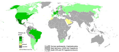 A map of FIFA World Cup final hosts, 1930–2026.