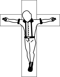 A crucified skinhead, a symbol used to convey a sense of societal alienation or persecution against the skinhead subculture. According to the Anti-Defamation League, it is used by both racist skinheads as well as anti-racist skinheads, and it can be considered a hate symbol in certain contexts.[55]