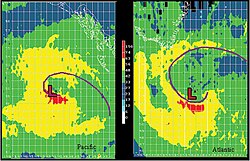 QuikSCAT image of typical extratropical cyclones over the ocean. Note the maximum winds are on the outside of the occlusion.