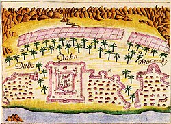 A painting of the Portuguese Empire Doba Fortress [pt] in Dibba Al-Hisn in 1620