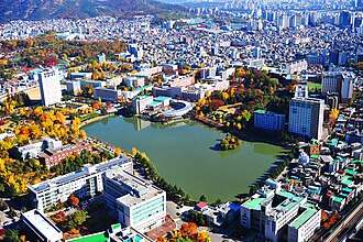 The Seoul Campus in the fall, with Ilgam Lake