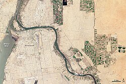 The White Nile and Blue Nile merge at Khartoum; April 2013 satellite view.