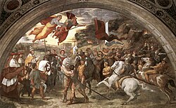 Raphael's The Meeting between Leo the Great and Attila depicts Pope Leo I, escorted by Saint Peter and Saint Paul, meeting with the Hun emperor outside Rome