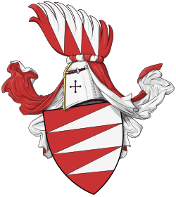 Red and white mantling on the coat of arms of the Hungarian Gutkeled clan.