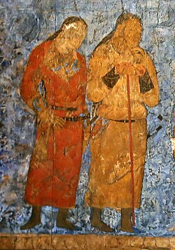 Western Turk officers during an audience with King Varkhuman of Samarkand. 648–651, Afrasiyab murals, Samarkand[129][130][131]