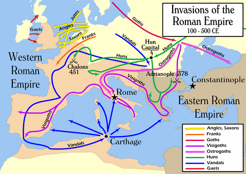 The Barbarian invasions consisted of the movement of (mainly) ancient Germanic peoples into Roman territory. Historically, this event marked the transition between classical antiquity and the Middle Ages.