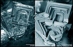 Depth hoar, imaged with optical (left) and scanning electron (right) microscopy