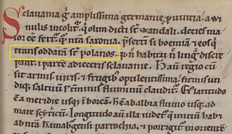 Fragment of Gesta Hammaburgensis ecclesiae pontificum (1073) by Adam of Bremen, containing the name "Polans": "trans Oddaram sunt Polanos"