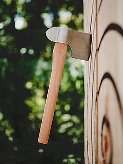 A sport throwing axe embedded into a wood target.